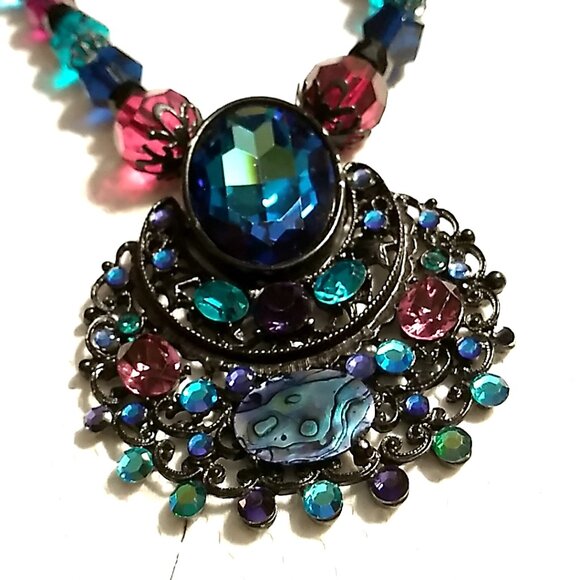 Chico's Necklace Multi-colored Faceted Crystal Beads Black Metal Rhinestone Pend - Picture 5 of 10